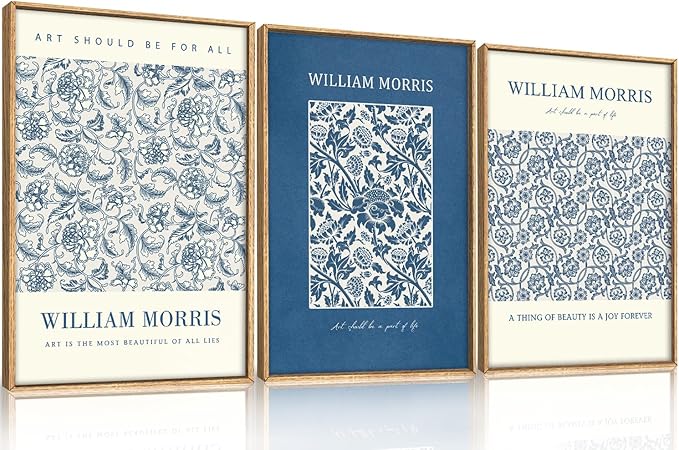 HOURIA William Morris Floral Framed Canvas Wall Art Set,Navy Blue White Flower Wall Decor,Retro Textured Botanical Artwork,Modern Neutral Blossom Art Print for Living Room,Bedroom,Office-16 x24 x3