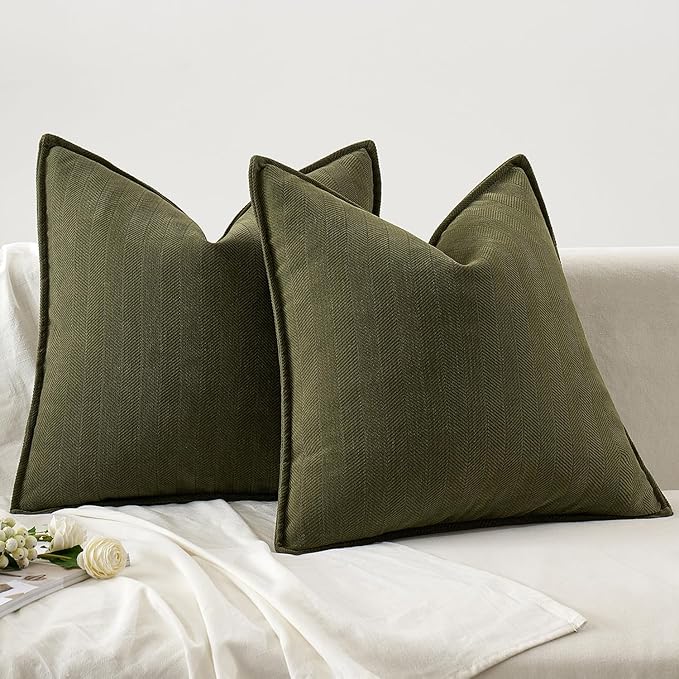 MIULEE Pack of 2 Olive Green Decorative Pillow Covers 24x24 Inch Soft Chenille Luxurious Couch Throw Pillows Boho Cushion Covers Euro Shams with Elegant Design for Sofa Bed Living Room Home Decor