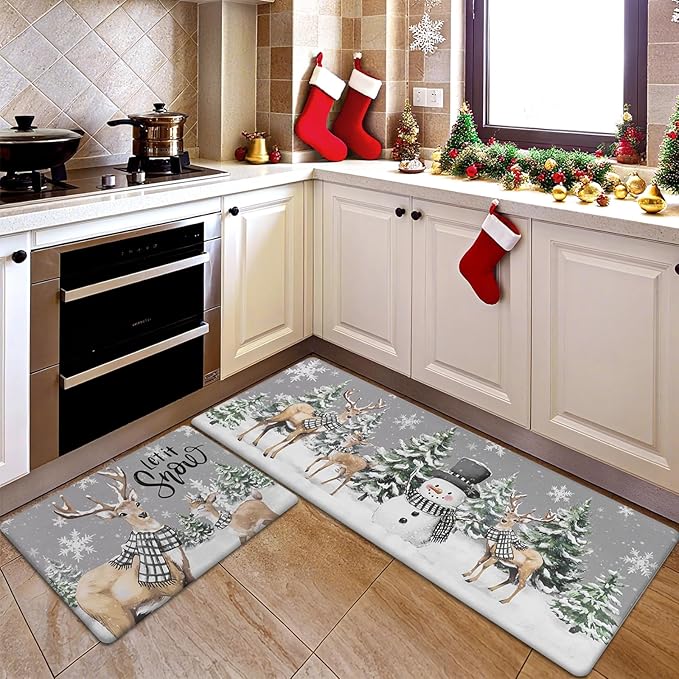 SHACOS Christmas Kitchen Rugs Set of 2 Anti-Fatigue Kitchen Mats Cushioned Christmas Deer Forest Trees Farmhouse Kitchen Mats and Rugs for Xmas 17x27.5+17x47, Forest Deer