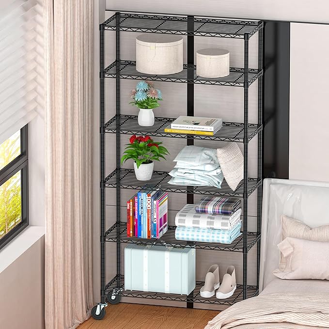 Metal Steel Shelving with Wheels Rack Unit, 6-Tier Rolling Storage Shelf Adjustable Wire Rack Organizer Utility Storage Shelving for Home Kitchen Garage Pantry(6-Tier Shelf)