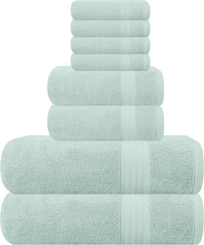 GLAMBURG Ultra Soft 8-Piece Towel Set - 100% Pure Ringspun Cotton, Contains 2 Oversized Bath Towels 27x54, 2 Hand Towels 16x28, 4 Wash Cloths 13x13 - Ideal for Everyday use, Hotel & Spa - Sea Green