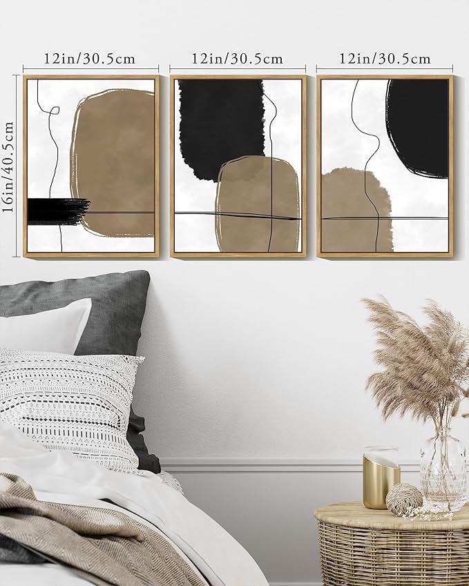 KUVIOKE Abstract Wall Art Framed Neutral Beige Mid Century Textured Artwork Black Minimalist Line Modern Illustrations Bedroom Hallway Ready to Hang 12x16in (Natural Framed)