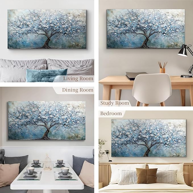 crmotu Tree of Life Large Wall Art for Living Room, Cherry Blossom Tree Abstract Art Prints Canvas Pictures, Modern Blue White Aesthetic Painting Bedroom Bathroom Home Office Wall Decor 30"X60"