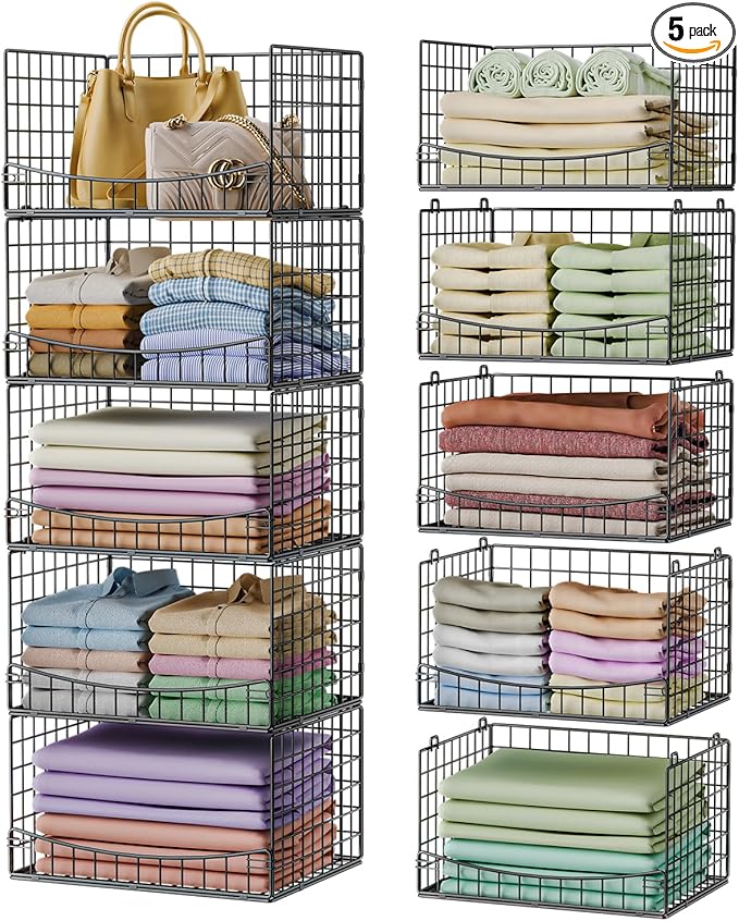 JKsmart 5-Tier Stackable Closet Organizers and Storage Shelves,Extend Clothing Closet Shelf Bins for Jeans Pants Sweaters - Wardrobe Cupboard Clothes Organizer System-Wider Mouth Design