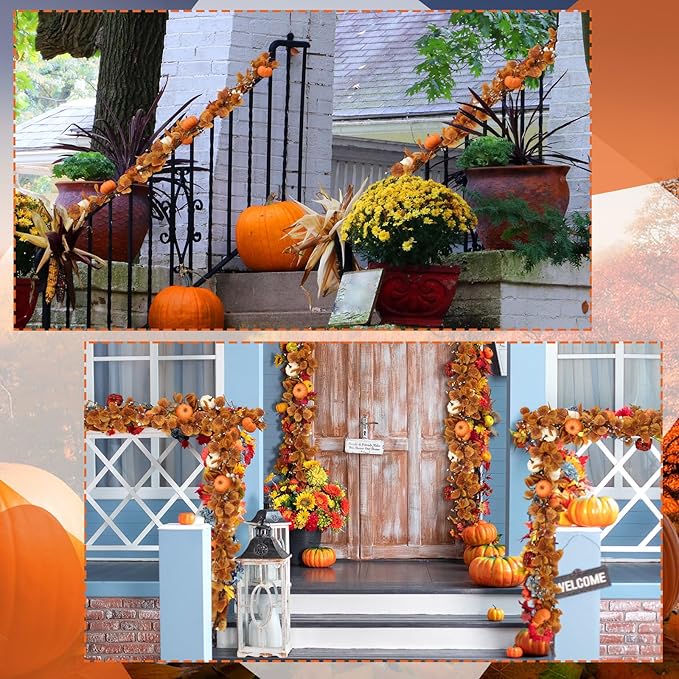 Zeyune 1 Pcs 6ft Long Fall Artificial Garland with Pumpkin Autumn Mixed Eucalyptus Garland Farmhouse Hanging Rustic Fall Wreath Decor for Front Door Kitchen Fireplace Home Indoor Outdoor