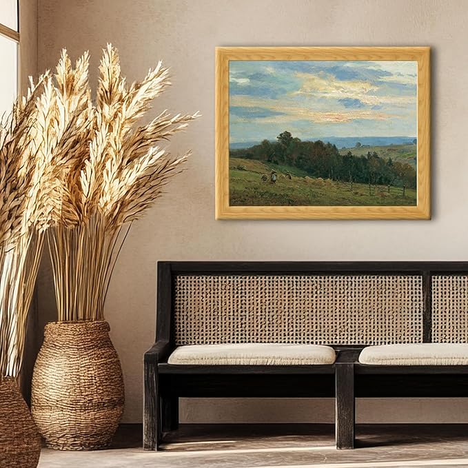 Brivoria Framed Canvas Wall Art Vintage Decor, Rustic Autumn Countryside Scene with Hillside Fields Farmers and Golden Sunset Sky for Living Room Bedroom Fireplace or Gallery Wall Display, 16"x20"