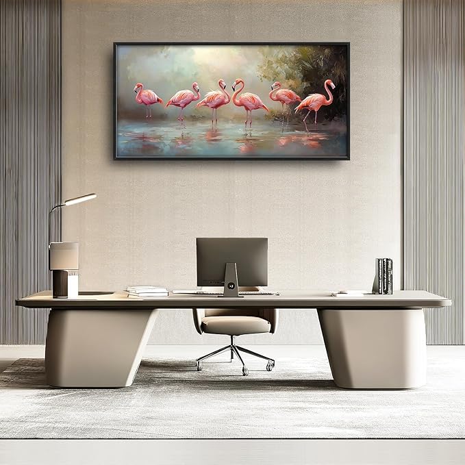 Flamingo Framed Wall Art for Living Room, Large Pink Birds Canvas Wall Decor, Animal Lake Pictures Painting, Modern Artwork for Bathroom Bedroom 60L'' × 30W''