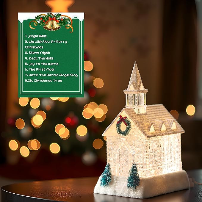 Christmas Lighted Church Water Lantern Snow Globe with Evergreens and Wreath， USB Lined/Battery Operated Lighted Lantern for Christmas Festival Decoration Gifts