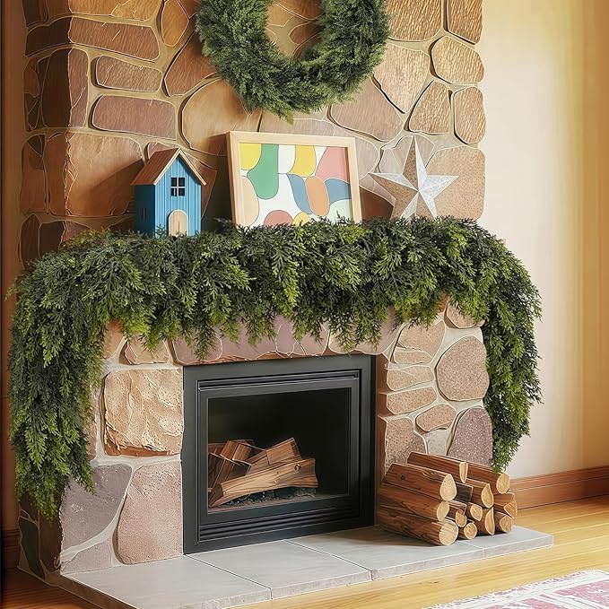 LVZHIYUAN 2 Pcs 6FT Christmas Garland, Christmas Decorations, Real Touch Cedar Garland, Artificial Cypress Garlands for Mantle Fireplace Table Door Wall Upstairs Indoor Outdoor Holiday Xmas Decor
