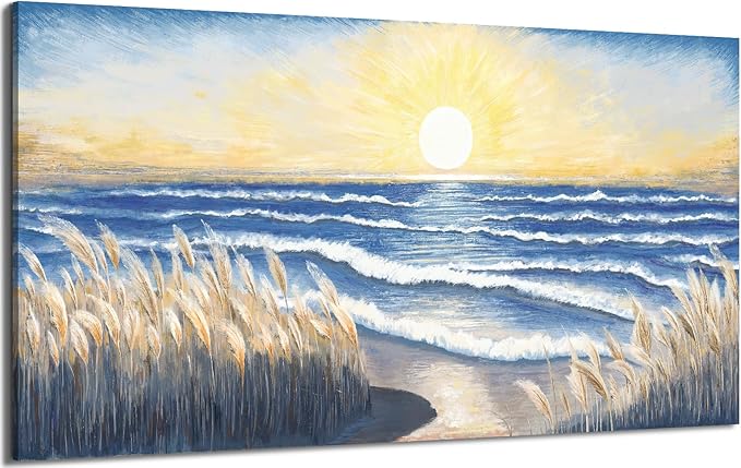 Large Canvas Wall Art for Living Room Blue Ocean Beach Sunset Sea Waves Nature Landscape Seascape Painting Seaside Reeds Pictures Seashore Coastal Serene Artwork for Home Lake Bedroom Office 60x30inch
