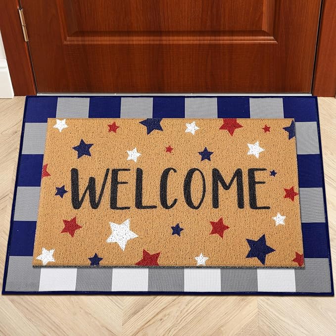 2 Pcs 4th of July Door Mat Patriotic Welcome Non Slip Coir Mats Red Blue White Independence Day Star Buffalo Floor Layering Doormats Seasonal for Front Porch Entryway Decor(Independence Day)