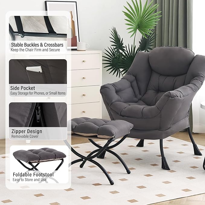 Lazy Chair with Ottoman, Modern Chair with Folding Footrest, Lounge Accent Chair, Comfortable Reading Chair, Oversized Armchairs for Bedroom, Study, Living Room, Courtyard (Dark Grey)