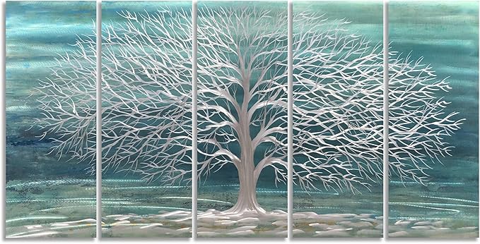 Yihui Arts Large Metal Wall Art Handcrafted Aesthetic Tree Pictures on Aluminum 5 Panels Teal and Silver Abstract Landscpae Artwork for Living Room Bedroom Dinning Decor