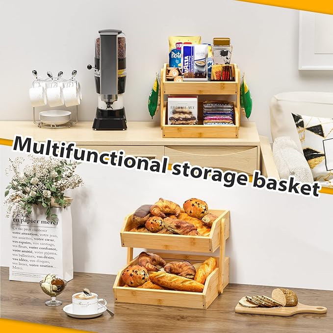 Bamboo Fruit Basket for Kitchen–2 Tier Fruit Bowl For Kitchen Counter, Large Fruit Holder With 2 Banana Hangers, Idea For Fruit and Vegetable Storage, Bread Basket, Snack Organizer(BAMBOO)