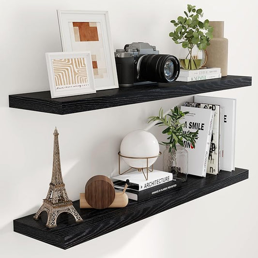 Fun Memories Black Floating Shelves 48 Inch Long, Wood Wall Shelves 48x9.3x1.5, 9.3 Inch Deep Floating Shelf for Wall, Large Black Shelves for Home Decor & Storage, Set of 2