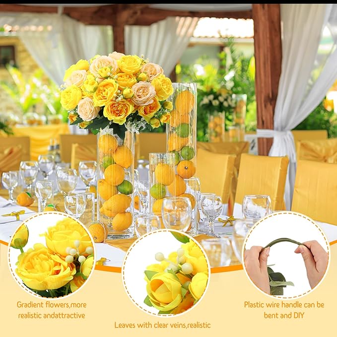 Geosar 8 Bundles Artificial Peonies Flowers Fake Silk Peony Bouquet Faux Peonies Flowers Bulk for Decoration Vase Florals Arrangements Wedding Party Table (Yellow,Champagne)