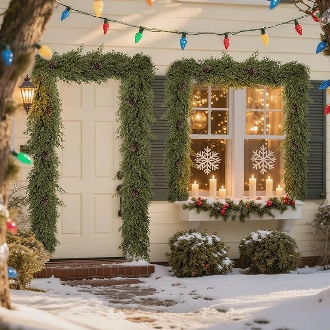 6FT Christmas Garland with Pinecones, Artificial Faux Pine Garland Green Garlands, Soft Bendable Cedar Garland for Table Mantel Wall Stairs Railing, Indoor Outdoor Xmas Decorations, Holiday Decor