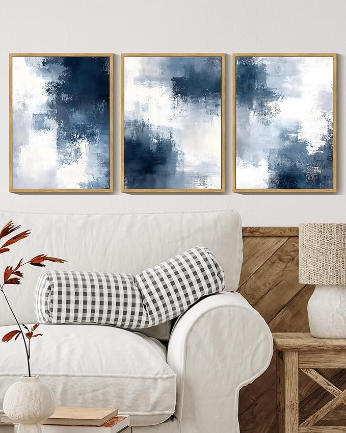 KUVIOKE Navy Blue Abstract Wall Art Framed Neutral Brush Strokes Block Shape Mid Century Art Prints Minimalist Modern Illustrations Bedroom Hallway 12x16in (Natural Framed)