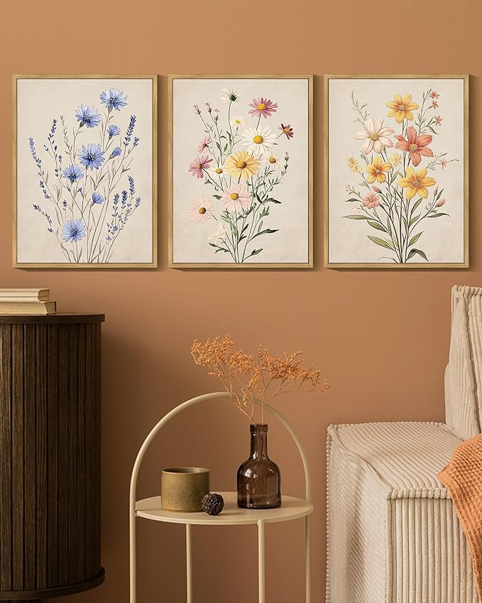 KUVIOKE Vintage Wildflower Bouquet Framed Wall Art Color Botanical Flower Wall Decor Modern Colorful Floral Hanging Decor for Living Laundry Dining 12x16in (Natural Framed)