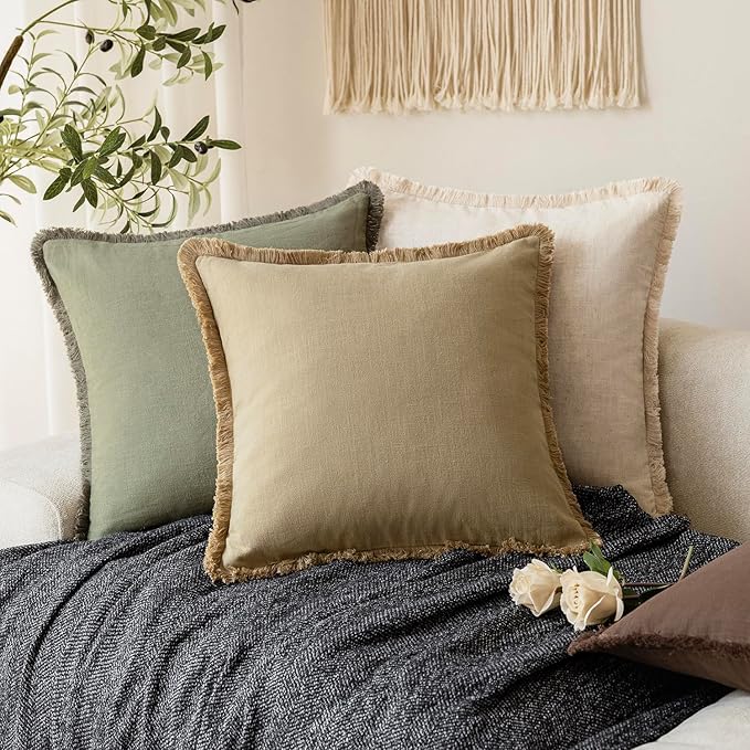 Foindtower Set of 2 Decorative Linen Fringe Throw Pillow Covers Farmhouse Cushion Cover with Tassels Soft Accent Pillowcase for Couch Chair Sofa Bed Living Room Home Decor,16×16 Inch,Light Khaki Taupe