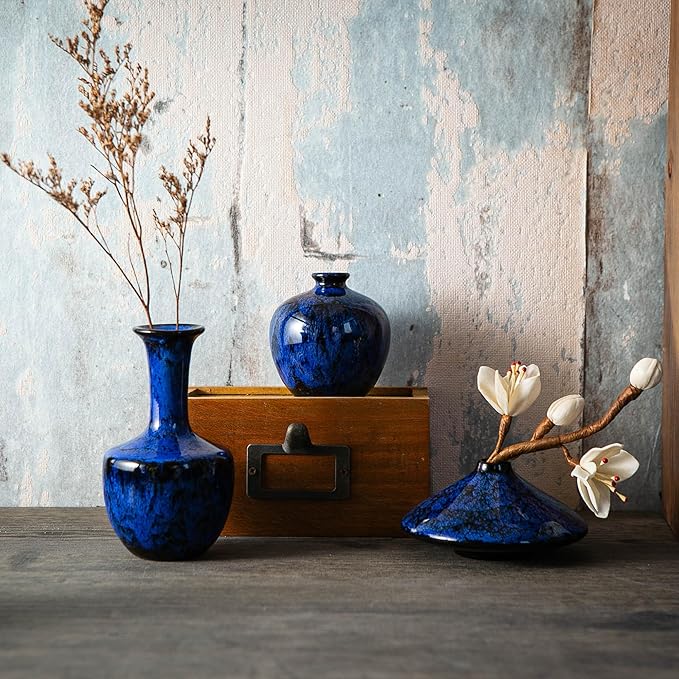 Blue Ceramic Bud Vases, Set of 6 Small Glazed Pottery Vases for Floral Arrangements, Decorative Rustic Vases for Modern Farmhouse Home Decor, Living Room, Dining Table Centerpieces