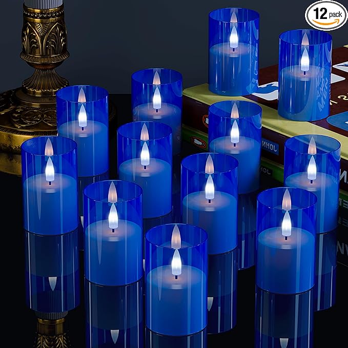 12Pack Flickering Flameless LED Candles with Timer, Battery Powered - Small Pillar & Votive, Acrylic Made, Blue (2"X3")