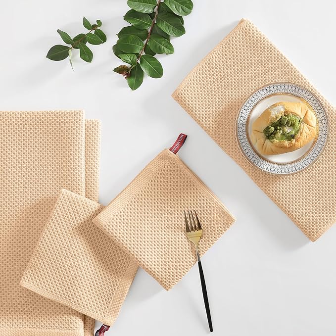 Homaxy 100% Cotton Kitchen Towels and Dishcloths Set, 12 x 12 Inches and 13 x 28 Inches, Set of 10 Bulk Kitchen Towels Set, Ultra Soft Absorbent Dish Cloths for Washing Dishes, Apricot