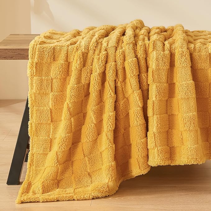 NEWCOSPLAY Super Soft Throw Blanket Mustard Yellow Premium Silky Flannel Fleece 3D Checkered Lightweight Bed Blanket All Season Use (Mustard Yellow Checkered, Throw(50"x70"))