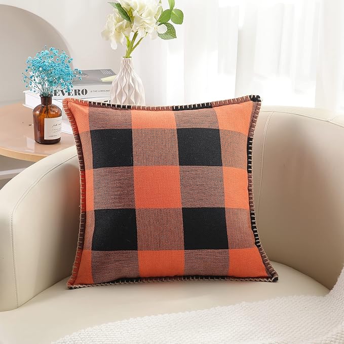 decorUhome Farmhouse Gingham Buffalo Plaid Check Throw Pillow Covers 18x18 Set of 2, Outdoor Fall Linen Decorative Pillow Covers with Stitched Edge for Bed Couch Sofa, Orange and Black
