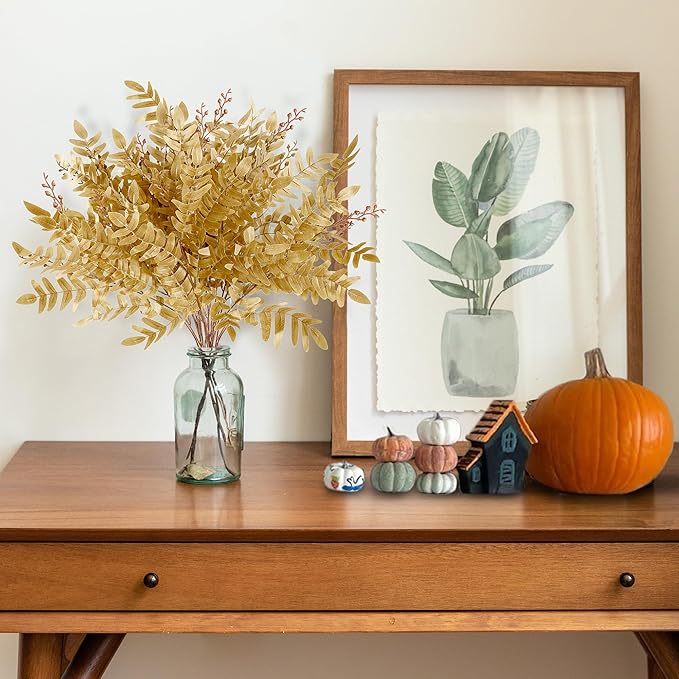 Sggvecsy 4 Pack Artificial Fall Greenery Stem Autumn Faux Flowers Autumn Faux Plants Silk Fall Shrubs Bushes Fall Leaves Stem for Indoor Home Table Centerpieces Thanksgiving Decoration(Dark Yellow)