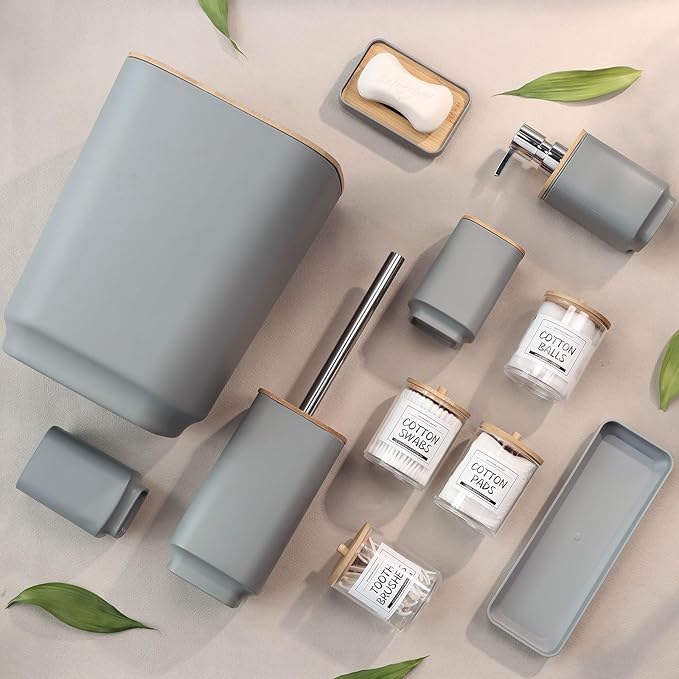 IMAVO Bathroom Accessories Set,Grey Bathroom Set,11 Pieces Bathroom Accessory Set,Trash Can for Bathroom Accessories Décor and Housewarming Gifts