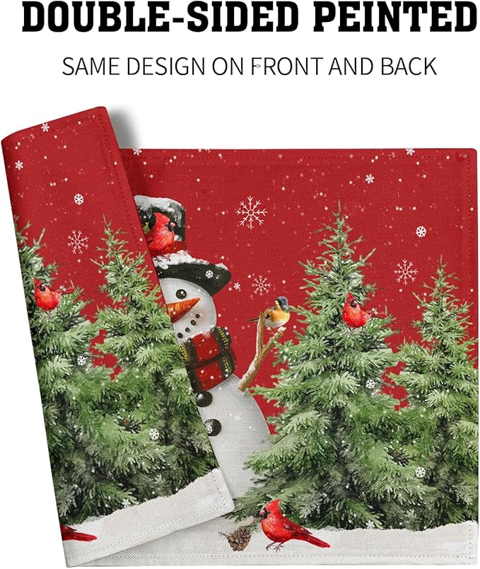 Snowman Placemats 12×18 Inches Set of 4 Holiday Trees Indoor Kitchen Dining Table Place Mats for Home Party Decoration
