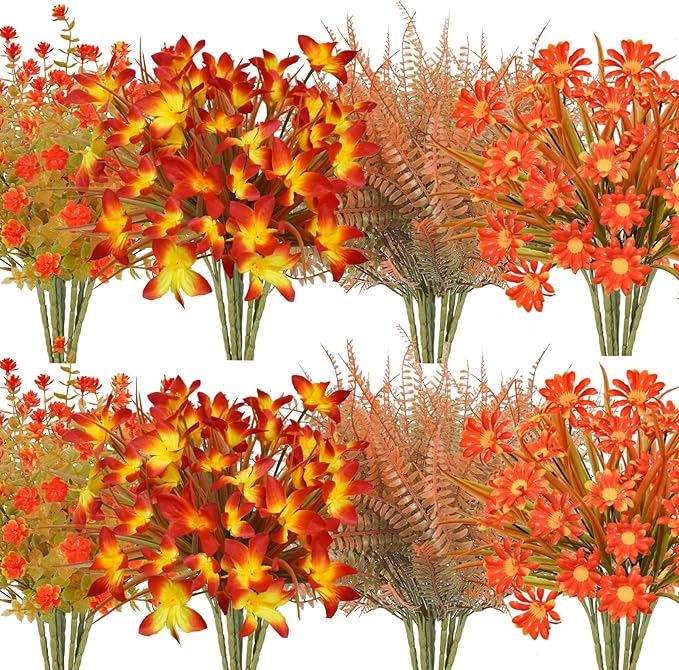 16Pcs Artificial Fall Flowers Outdoor Fake Fall Plants UV Resistant Autumn Greenery Plastic Flowers Shrubs for Outside Porch Patio Garden Boxwood Thanksgiving Decor