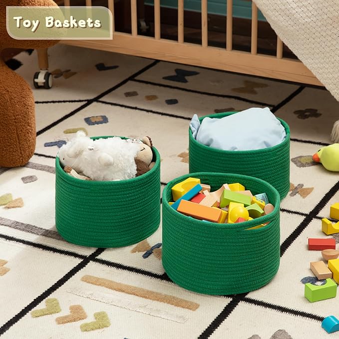 OIAHOMY Small Storage Baskets for Organizing,Closet Cube Shelf Storage, 9.8”×9.8”×7.1”, Woven Cotton Rope Gift Baskets for Nursery,Cute Dog Toy bins, Round 3 Packs, Green