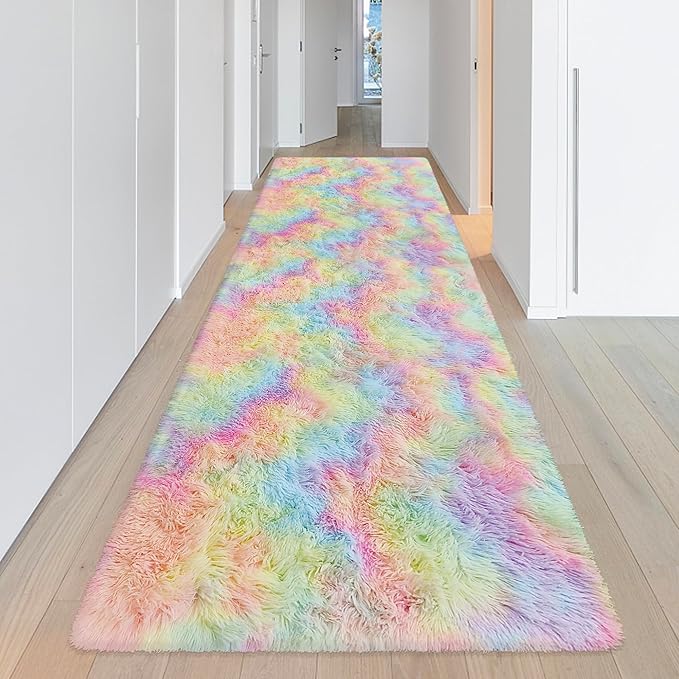 Fluffy Rainbow Rug for Girls Bedroom 3x10 Feet Kawaii Tie Dye Area Rug Colorful Unicorn Runner Rug for Kids Teens Nursery Baby Princess Room Lining Room Home Decor Carpets