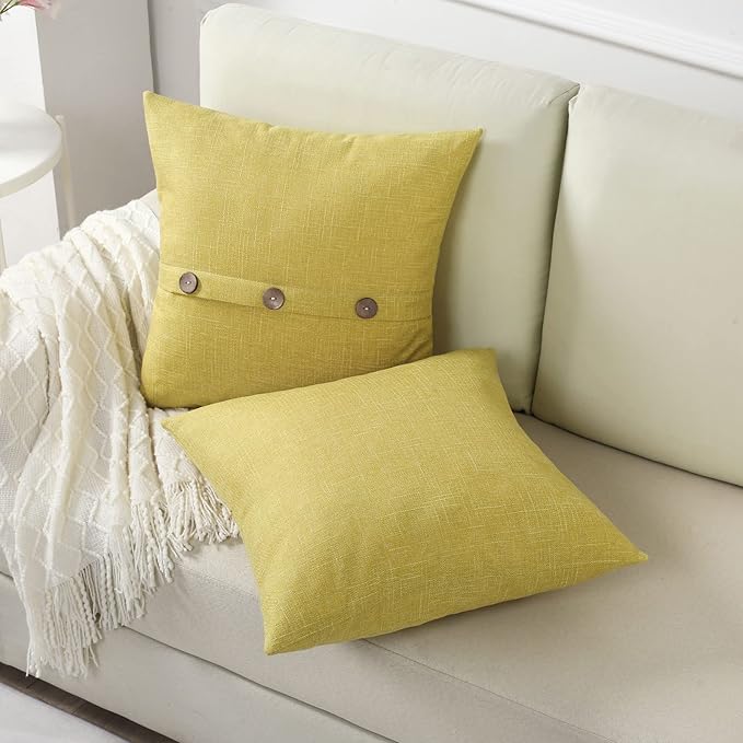 HAUSSY Mustard Yellow Linen Decorative Throw Pillow Covers 24x24 Inch Set of 2, Square Euro Cushion Case with 3 Vintage Buttons,Modern Farmhouse Home Decor for Couch,Bed