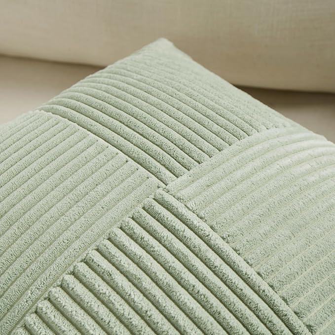 Fancy Homi 4 Packs Sage Green Decorative Throw Pillow Covers 18x18 Inch for Living Room Couch Bed Sofa, Farmhouse Boho Home Decor, Soft Cross Corduroy Patchwork Textured Square Cushion Case 45x45 cm
