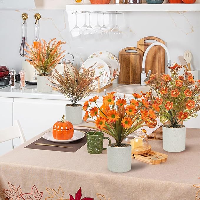 Uieke 8PCS Artificial Potted Flowers Autumn Mini Small Fake Potted Plants Fall Flowers Decorations for Fall Table Centerpieces Home Harvest Farmhouse Tabletop Thanksgiving Decor