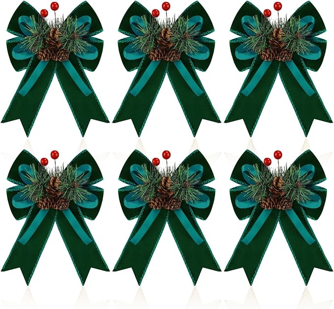 Syhood 6 Pcs Christmas Velvet Bow with Pine Cones Pine Needles Berries Xmas Dark Green Ribbon Bow Ornaments 6.3 x 5.1 Inch for Christmas Tree Wreath Garden Fireplace Crafts DIY Decor