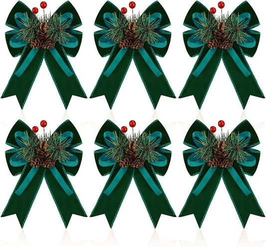 Syhood 6 Pcs Christmas Velvet Bow with Pine Cones Pine Needles Berries Xmas Dark Green Ribbon Bow Ornaments 6.3 x 5.1 Inch for Christmas Tree Wreath Garden Fireplace Crafts DIY Decor