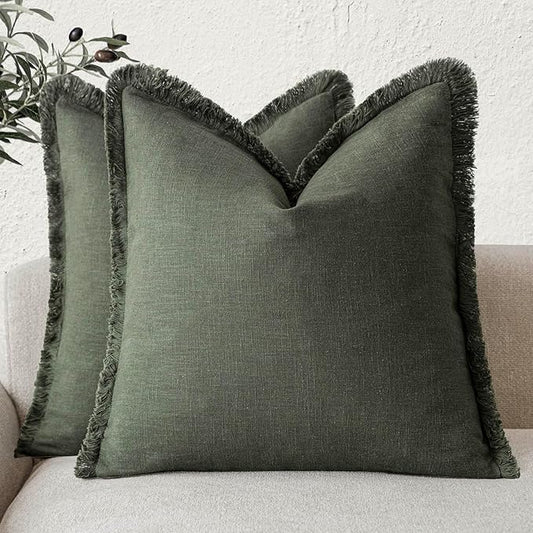 Foindtower Set of 2 Decorative Linen Fringe Throw Pillow Covers Cozy Farmhouse Cushion Cover with Tassels Accent Pillowcase for Couch Chair Sofa Bed Living Room Home Decor,18×18 Inch,Dark Olive Green