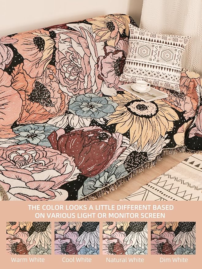 Boho Throw Blanket for Bed Couch Sofa Reversible Cotton Bohemian Travel Boho Quilt Mexican Muslin Blanket Tapestry Hippie Room Decor Outdoor Blanket Double Sided (Boho Flower Dark 70"x90")