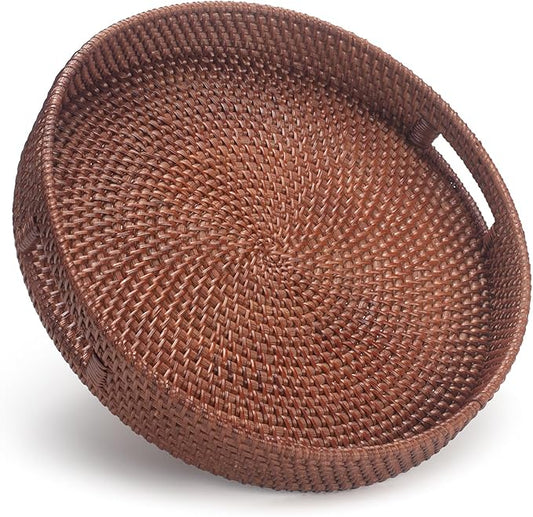 13.8 inch Round Rattan Tray, Decorative Coffee Table Tray, Ottoman Trays, Woven Serving Trays with Handles Wicker Serving Basket, Reddish-Brown
