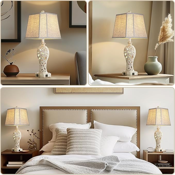25'' Farmhouse Table Lamp for Living Room Bedroom, 2 USB Ports Vintage Rustic Nightstand Desk Lamp with Nightlight, White Hollow Out Resin Lamp for End Table (Bulb Included)