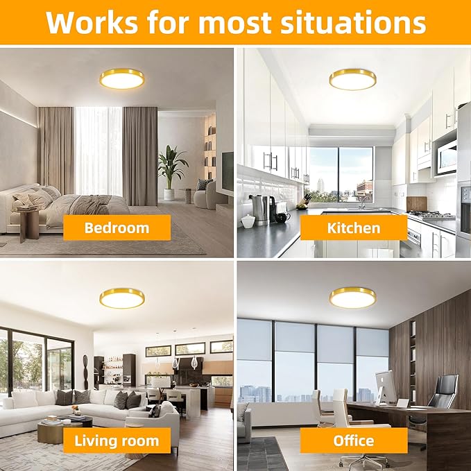 Hlite 6pack 12 inch Flush Mount LED Ceiling Light Fixture,24W 2400LM Super Slim Light Fixtures Ceiling Mount 3000K/4000K/5000K 3CCT Selectable,Ceiling Light Fixtures for Kitchen,Bedroom (Gold)