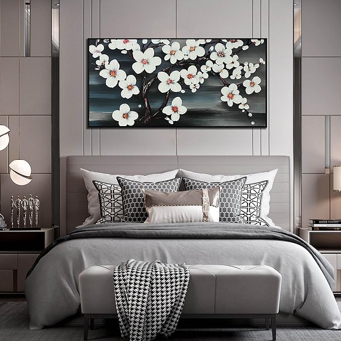 Hand Painted Flower Painting Wall Art for Bedroom - Framed Wall Art for Kitchen Dining Room Wall Decor - Modern House Decor for Women Size 29" x 59"