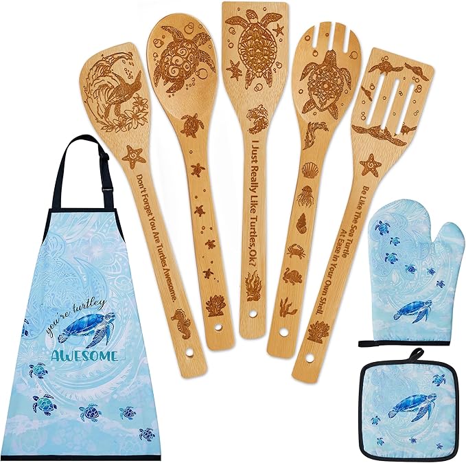 Sea Turtle Gifts for Women,8PCS Coastal Bamboo Cooking Utensil Spoon with Apron Oven Mitt Potholder for Kitchen Decor,Ocean Themed Stuff for Turtle Lovers,Mom,Housewarming,Birthday Gifts