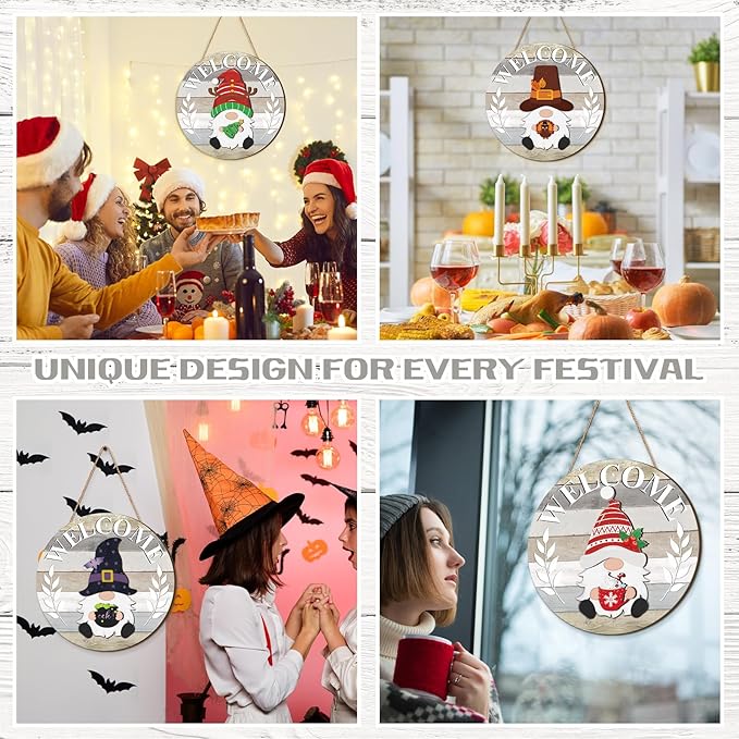 Qunclay Interchangeable Wooden Gnome Decor Holiday Seasonal Gnome Decorations with Magnet Pieces and Detachable Hats Changeable Welcome Sign for Home(Yellow and Grey)