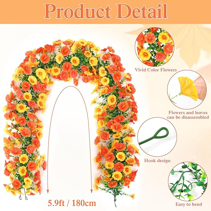Dremisland Fall Artificial Flowers Garland 2Pcs 5.9Ft Artificial Fall Morning Glory Flower Vines UV Resistant Orange Yellow Hanging Autumn Floral Vines for Home Garden Wedding Party Thanksgiving Decor