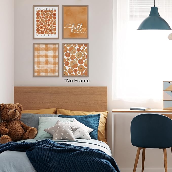 TLESKE Orange Fall Pumpkins Market Posters Prints Unframed Set of 4, Autumn Aesthetic Wall Art Prints for Dorm Bedroom Living Room, I Love Fall Most of All Pictures Wall Decor, 12x16